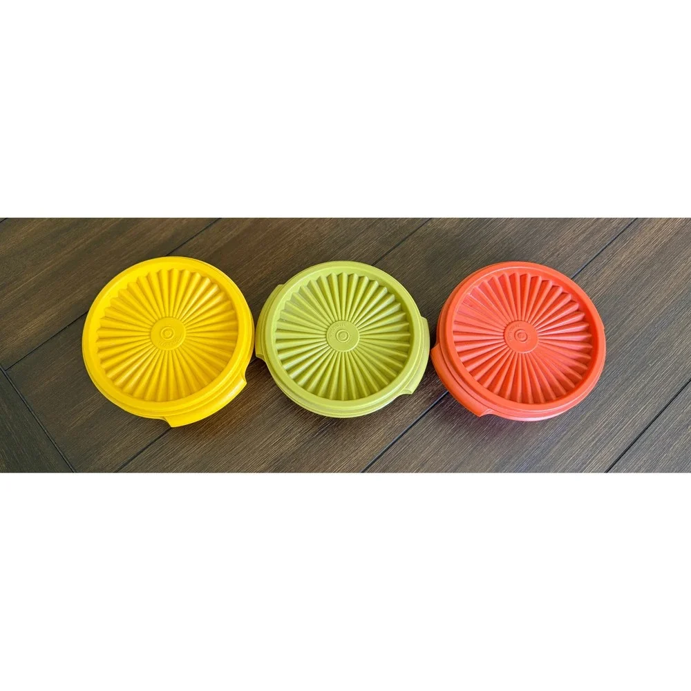 Vintage Tupperware Wonderlier Nesting Bowls Set of 3 Sunburst Lids Orange Yellow